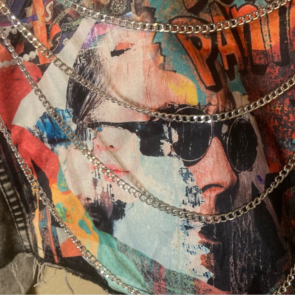American Bazi Retro Acid Wash Cropped Denim Jacket With Chains Biker Bohemian 1X - Picture 15 of 16